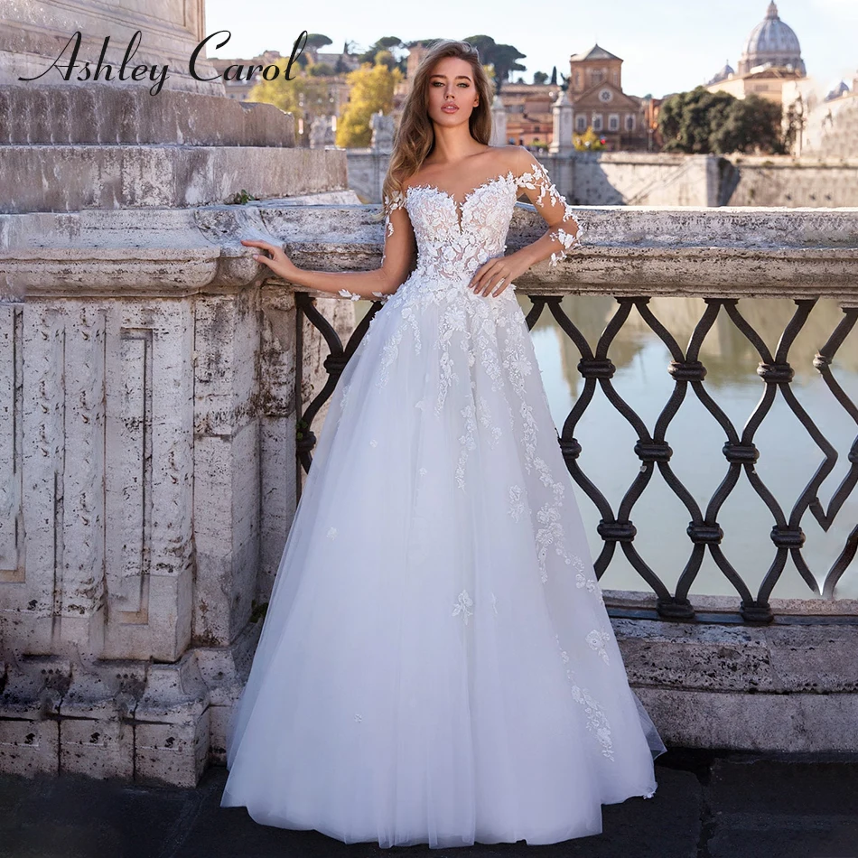 

Ashley Carol Sexy Sweetheart Three Quarter Sleeve Illusion Back Wedding Dress 2019 Sweep Train Romantic Princess Wedding Gowns