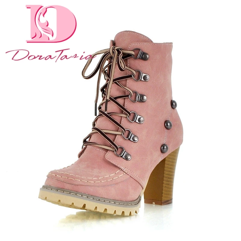 

DoraTasia Brand Plus Size 34-43 Chunky High Heels Ankle Boots Women Shoes Woman Lace Up Solid Hot Sale Woman Boots Female