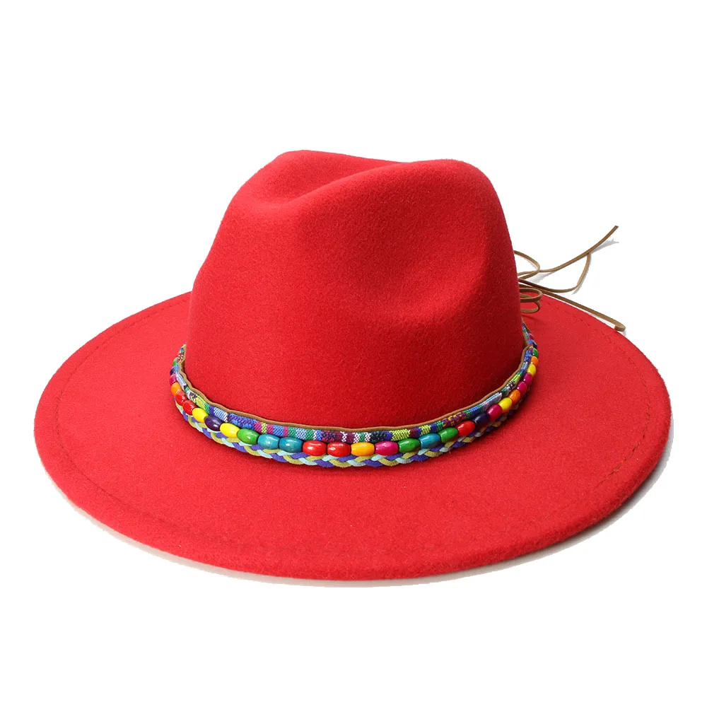 LUCKYLIANJI Retro Kid Child Vintage 100% Wool Wide Brim Cap Fedora Panama Jazz Bowler Hat Bead Braid Band (54cm/Adjusted) red bottom fedora hat Fedoras