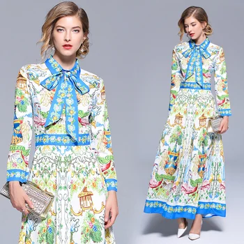 

AMBMCM 2018 Fashion Runway Maxi Dress Plus size Women's Long Sleeve Collar Vintage Floral Print Party Holiday Long Dress