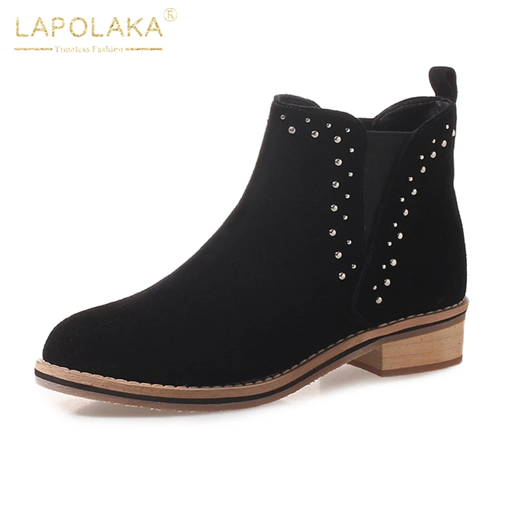 

Lapolaka 2018 Cow Suede Large Size 33-43 Square Heels Elastic Band Shoes Woman Boots Wholesale Shoes Woman Ankle Boots