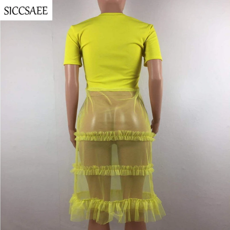 Short Sleeve Tee For Women Maxi Tshirt Dress Cartoon Letter Printed Patchwork Ropa Mujer Casual Streetwear Mesh Ruffles Summer
