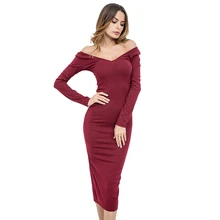 2018 Spring Dress Women Off Shoulder Slash Neck Long Sleeve Knitted Long Dress Grey Red Mid-calf Casual Party Office Sexy Dress