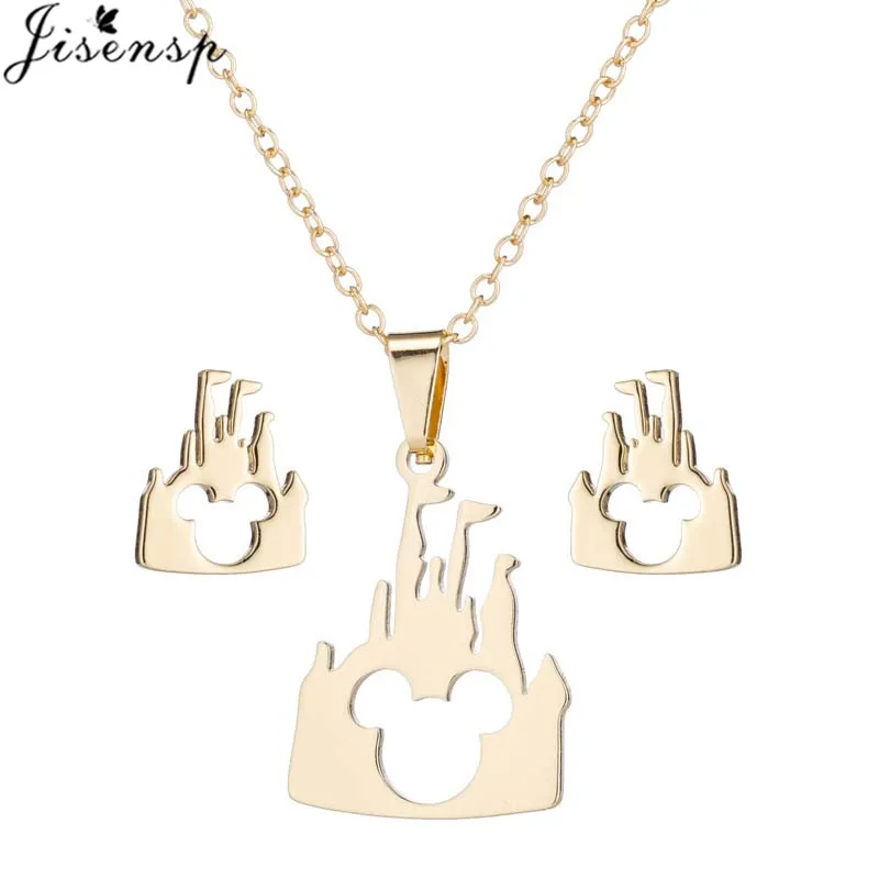 

Jisensp Mickey Paradise Stainless Steel Sets Lovely Cartoon Mouse Castle Necklace Earrings for Women Kids Children's Day Gift