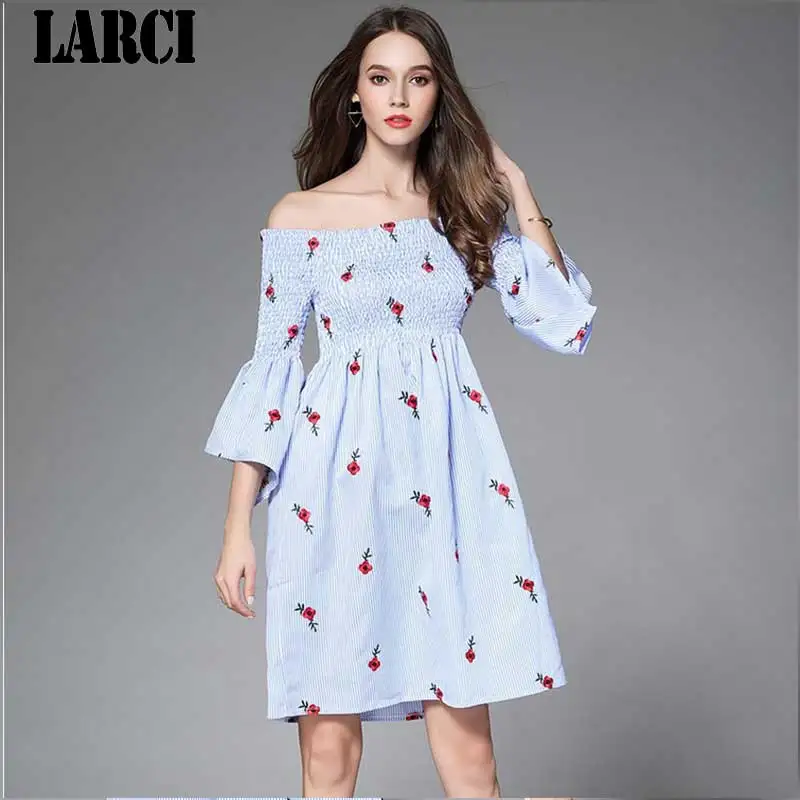 LARCI цветок вышивка сексуальный от плеча печати платье 2018 осень элегантный Для