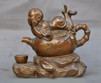 

wedding decoration old China Bronze tea ceremony small Buddhist monk bamboo statue decoration
