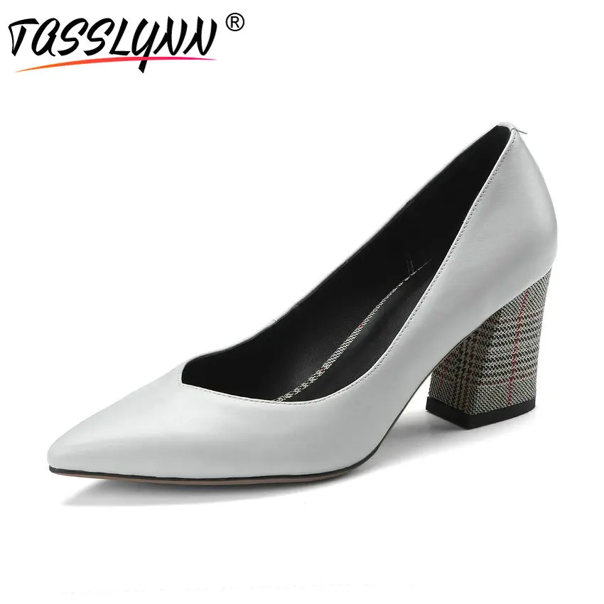 

TASSLYNN 2018 Woman Pumps Mature Pointed Toe Fashion Square High Heel Shoes Shallow Cow Leather PU Office Lady Shoes Size 34-42