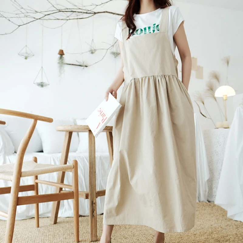 

Mori Girl 2018 Summer Korean version cotton linen solid strap dress TB FA62