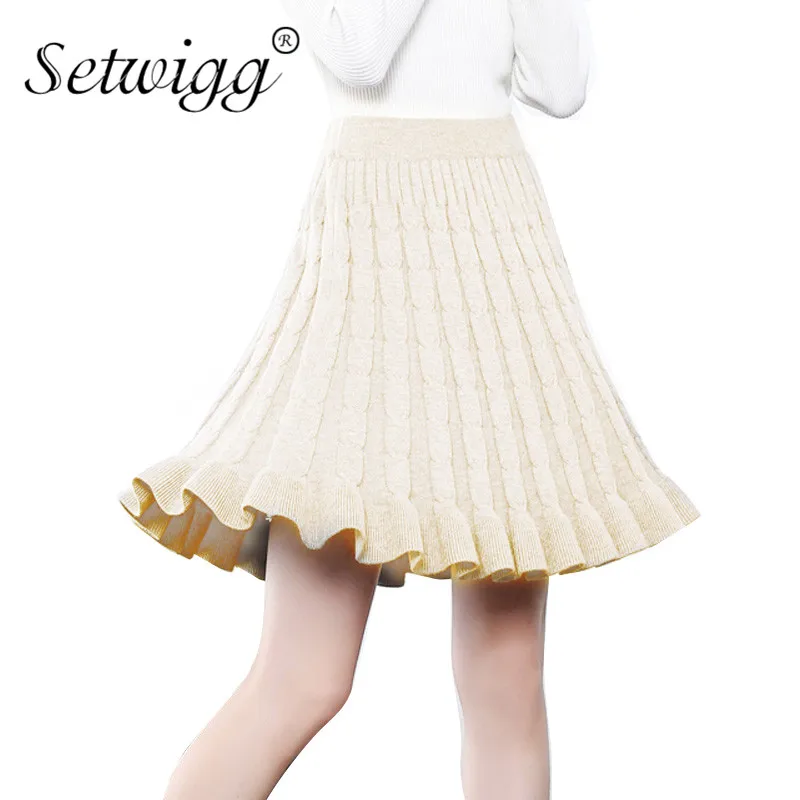 

Winter Twisted Knitted Cashmere Blend Flared Short Skirt Thick Warm Twist Knit Ruffles Hem Pleated Mini Autumn Skirts