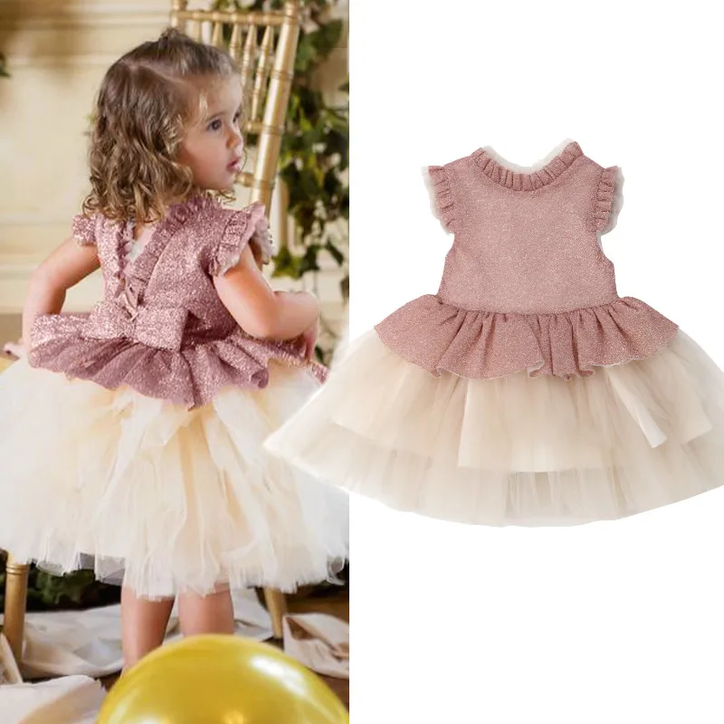 

Toddler Baby Girls Tulle Layered Dresses Sequin Ruffles Sleeve Tutu Dress Summer Pageant Party Kids Baby Girl Clothing 2019