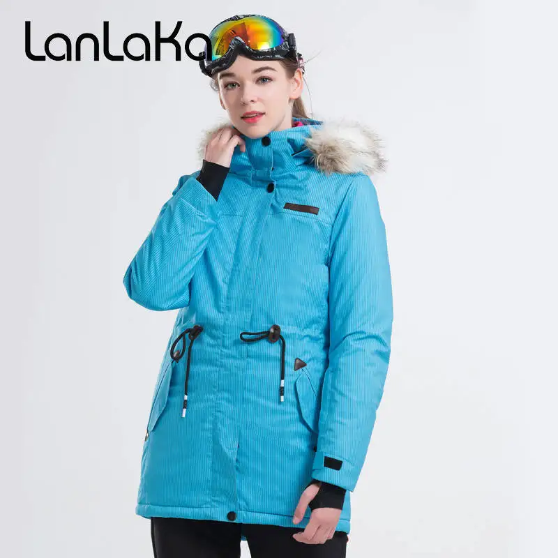 LANLAKA النساء سترة تزلج على الجليد سترة يندبروف ماء الحرارية الفراء مقنعين في الهواء الطلق الرياضة ارتداء التزلج ركوب الملابس معطف