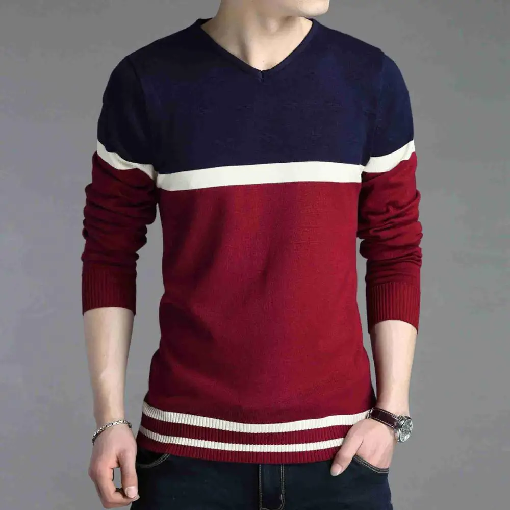 1305 весенне-осенний вязаный свитер с v-образным вырезом для мужчин, тонкая брендовая одежда, Полосатый пуловер, модное Джерси Hombre - Цвет: Красный