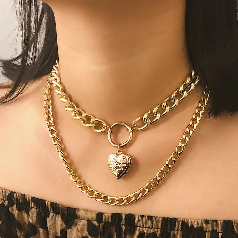 

Punk Exaggerated Heavy Metal Big Thick Double layer Necklace Female Heart-shaped Pendant Choker Goth Fashion Night Club Jewelry