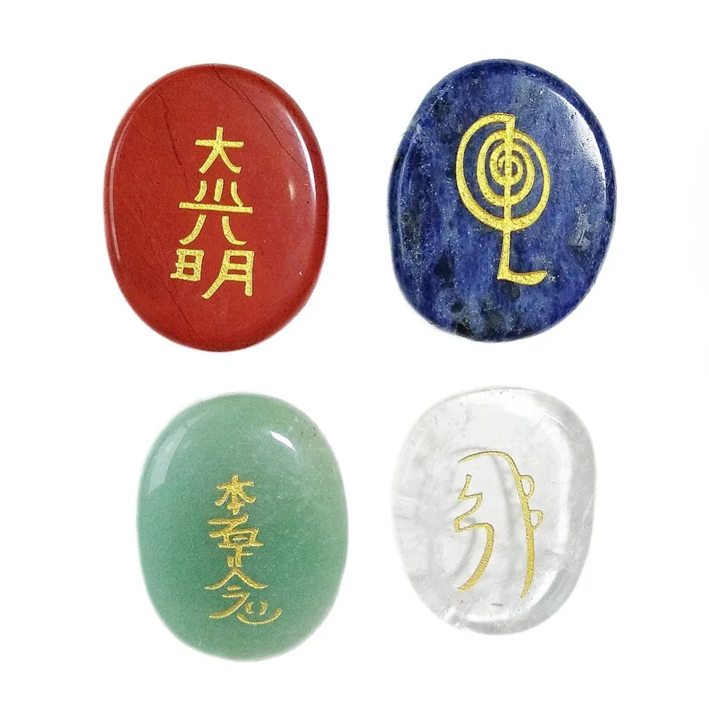 

Meet Jo Natural Quartz Crystal Aventurine Sodalite Stone Jasper Reiki Healing Power Symbols Palm Stones Set Gold Engraved 4pcs
