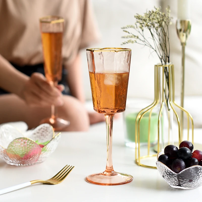 

Creative Europe Luxurious Hexagonal High Foot Flower Receptacle Red Wine Beer Whiskey Glass Juice Cup Goblet Champagne Cup 1pc