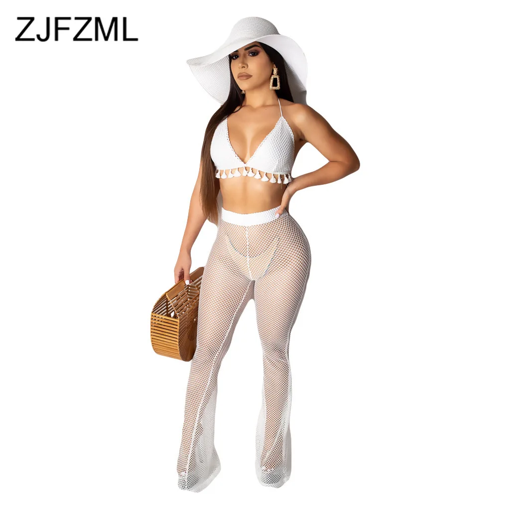 

Fishnet Hollow Sexy 2 Piece Set Women Halter Backless Tassels Crop Top And See Through Flare Pant Summer Beach Outfit Tracksuit