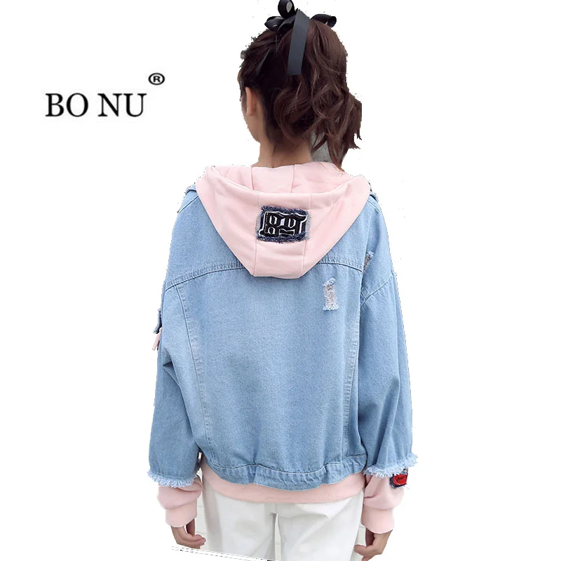 

BONU Hooded denim jacket women coat Spliced Loose Jeans Coat High Quality Jean Jacket Female Coat women's Harajuku winter jacket