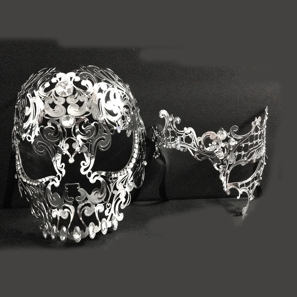 

Men Women Couple Silver Metal Full Face Metal Evil Skull & Phantom Opera Venetian Laser Cut Masquerade Eye Masks