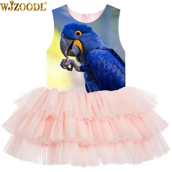 

Girl Birthday Party Dress fashion printing Blue parrot Girls Dresses For Wedding Formal Princess Ball Gown Kids dresse