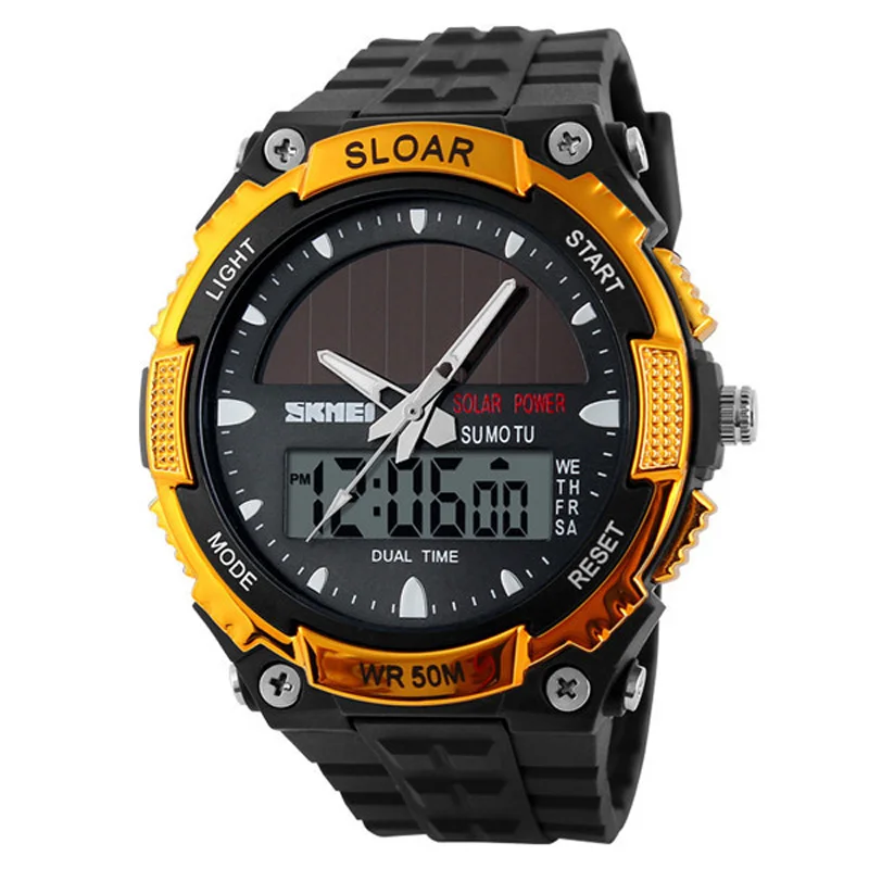 Высокое качество Желтый силиконовый ремешок для мужчин солнечная батарея с двойным питанием часы водонепроницаемые цифровые спортивные наручные часы для мужчин s часы - Цвет: Gold