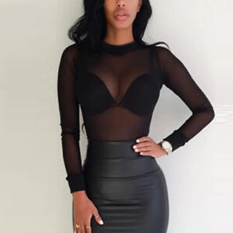 

Sexy Women T Shirt Mesh See Through Transparent Mesh Tops Long Sleeve Sheer Slim Fit Black Red Ladies Turtleneck Tee t-shirt