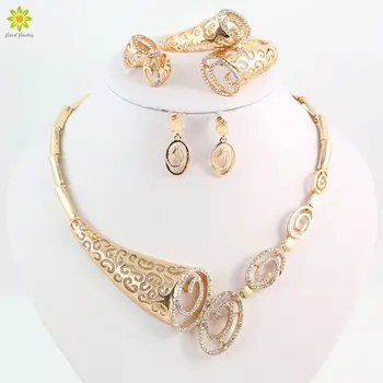 

African Jewelry Sets Women Wedding Party Gold Color Crystal Necklace Set Fashion Bridal Ring Bracelet Earrings Accessories