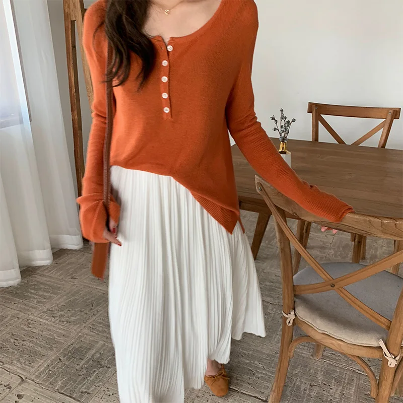 

Button Front Cotton Knitted Tops Women Summer Sweater Basic Knitwear