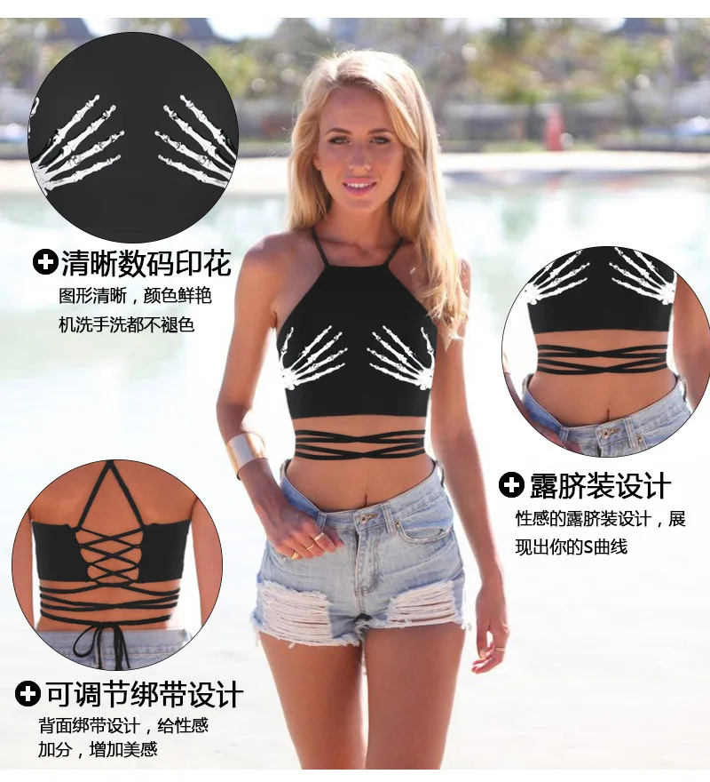 

2019 popular style skulls hold chest 3D prints show umbilical body repair cross-tie with cute little waistcoat sexy trend woman