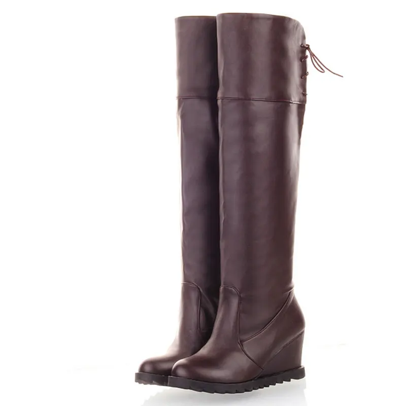 

Size 34-41 new women's winter solid color soft dough slope high-heeled knee-length sleeve round knight boots WJ087