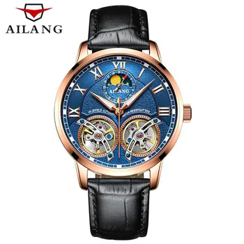 

AILANG Month Display Rose Gold Case Mens Watches Top Brand Luxury Automatic Watch Double Tourbillon Clock Men Casual Blue Watch