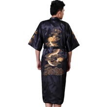 Yukata – peignoir brodé en Satin pour hommes, Kimono chinois noir, vêtements de nuit Dragon, grande taille S M L XL XXL XXXL