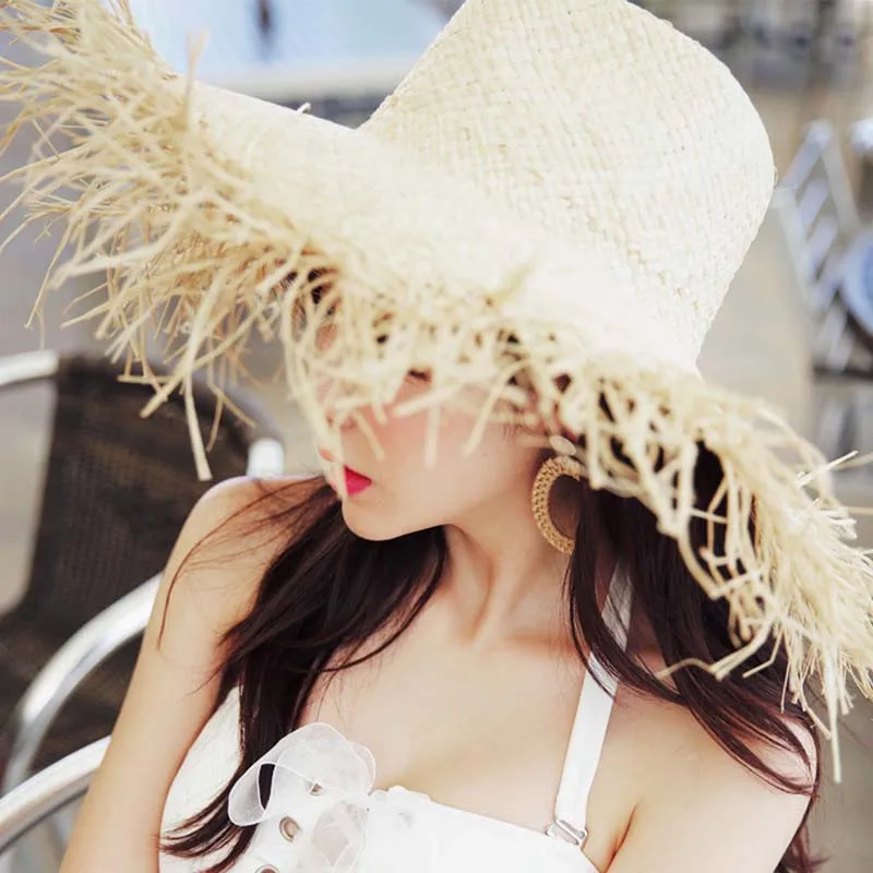 Straw Hat Wide Brim Women Sun Hats For Women Beach Caps Sombreros Wide Brim  Beach Side Cap Floppy Female Raffia Straw Hat