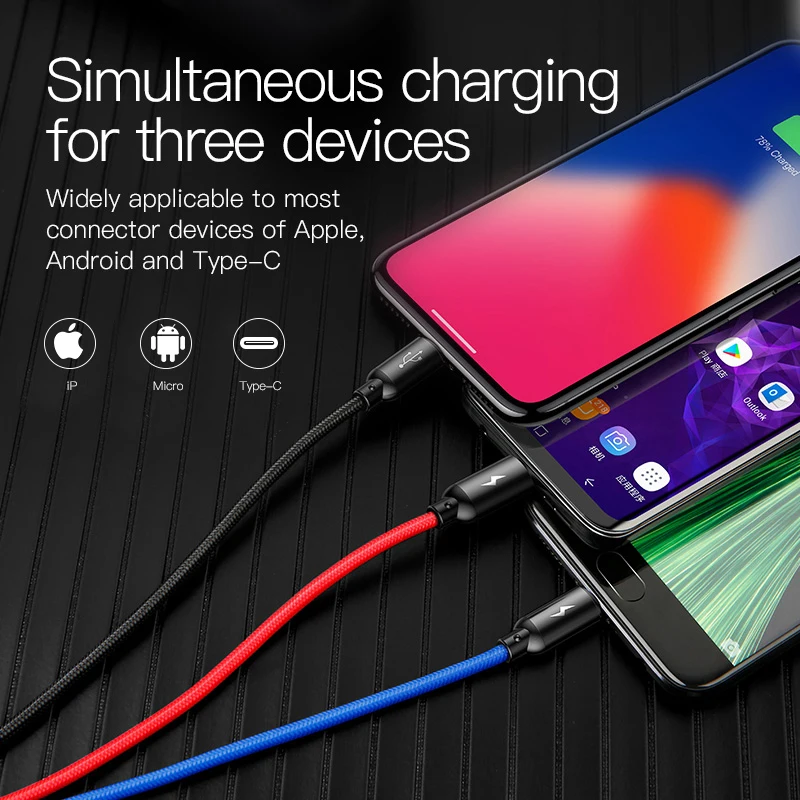 Baseus 3 في 1 كابل يو اس بي للهاتف المحمول المصغّر usb نوع C كابل الشاحن ل فون سامسونج كابل شحن مايكرو شاحن يو اس بي الحبل