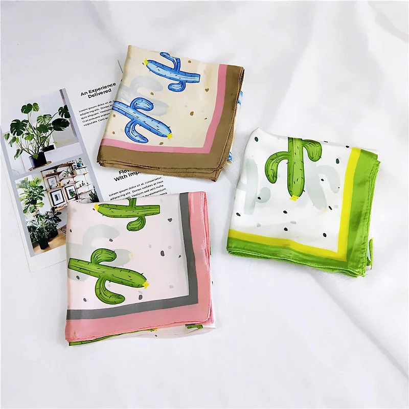 

70*70cm High Quality Silk Scarf Women Small Soft Square Decorative Head Scarf Multicolor Cactus Print Kerchief Neck Wrap Female