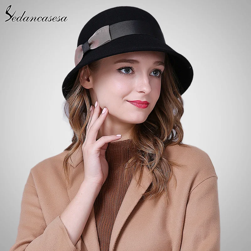 Sedancasesa, новинка, женская шляпа-Клош с широкими полями,, австралийская шерстяная Панама, сохраняющая тепло, шерстяная фетровая шапка для осени и зимы, FW003236