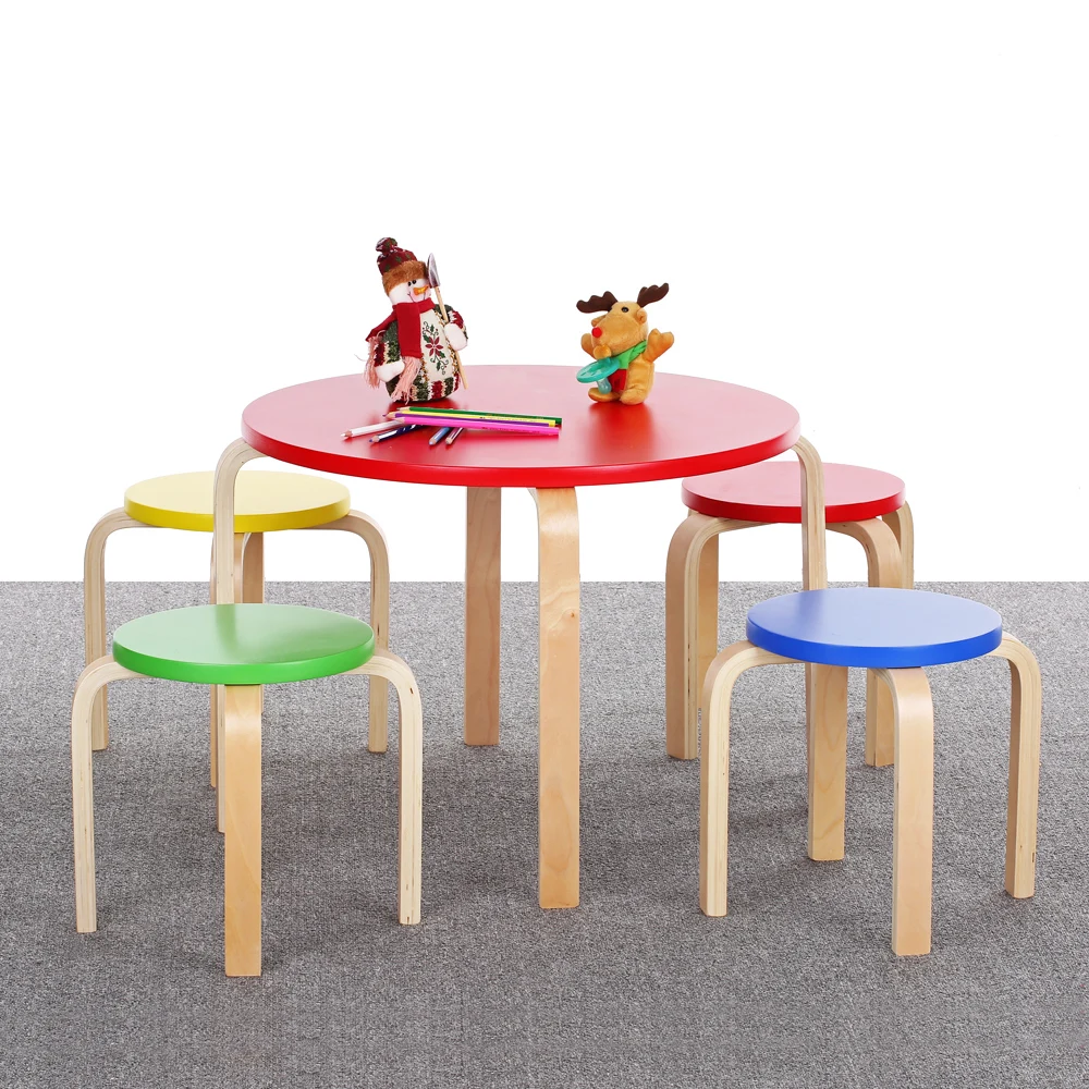 ikayaa fr us de stock solid wood round kids table and 4 chairs set