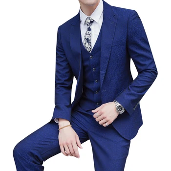 

High Quality Blue Mens Suit 3 Piece Set ( Jacket + Vest + Trousers) Wedding Party Blazer Coat and Pants Large size s-5xl