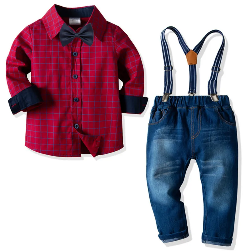 Детские комплекты одежды из 2 предметов для мальчиков г. Весенние повседневные рубашки в клетку+ джинсы на подтяжках штаны, детская одежда с галстуком-бабочкой для мальчиков - Цвет: 5