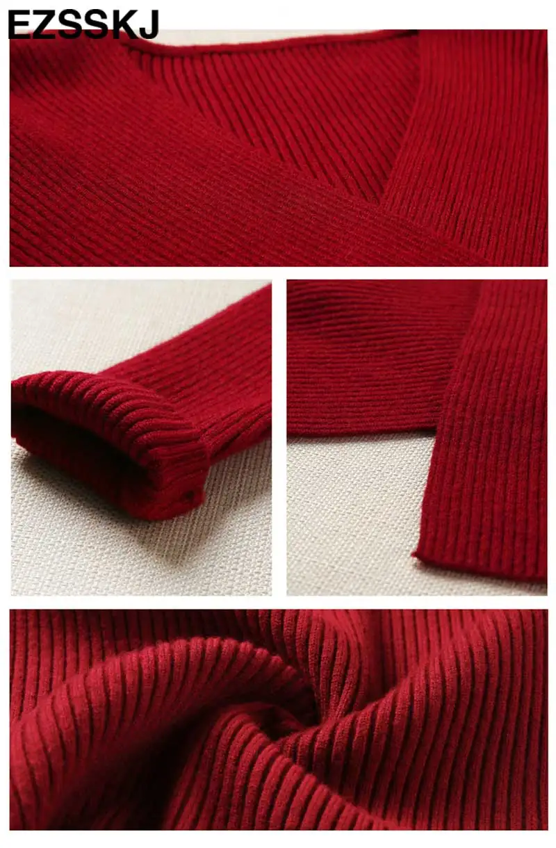 Сексуальные женские вязаные свитера с глубоким v-образным вырезом, Мода, однотонные красные и черные пуловеры с длинным рукавом, Женский вязаный Топ с перекрещивающимся верхом, базовая ткань