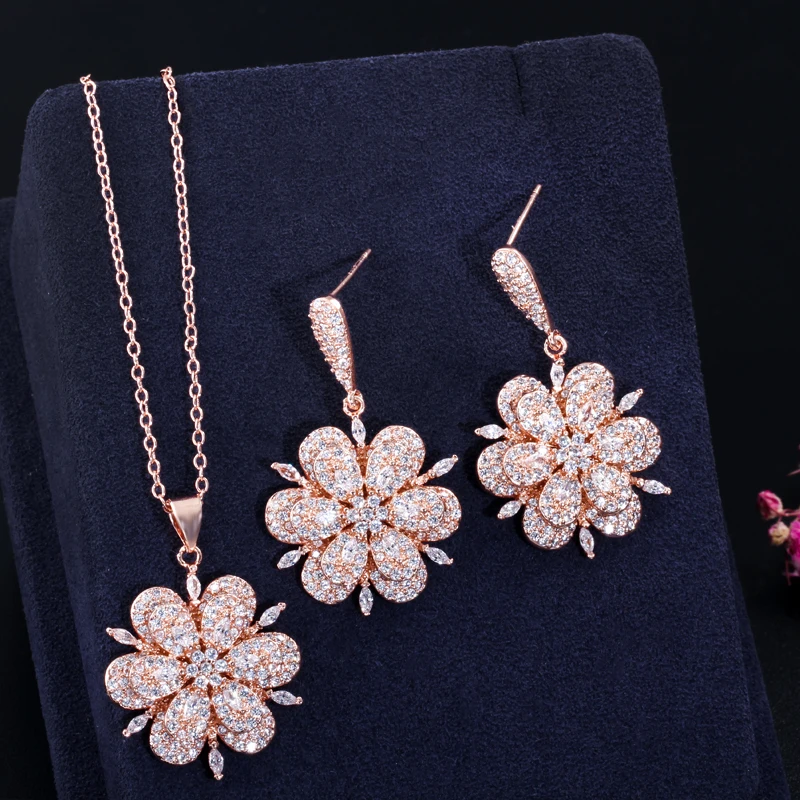 CWWZircons элегантный дизайн CZ цирконий камень розовое золото цвет цветок висячие серьги и ожерелье для женщин обручение Ювелирные наборы T068
