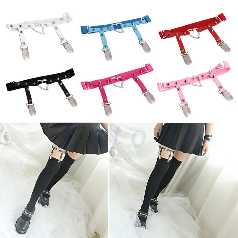 

Sexy Women Harajuku Elastic Garter Belt Punk Gothic Leather Heart Rivet Leg Ring