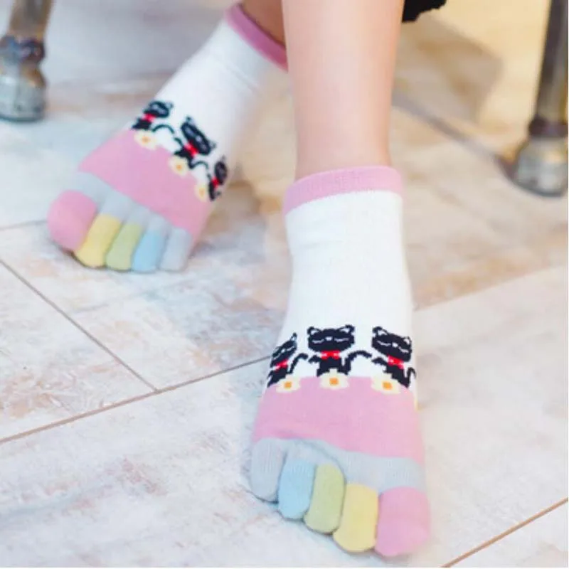 

Black Cat Combination color Summer hidden boat women short Cotton 5 Toes Socks funny cartoon Five fingers sock