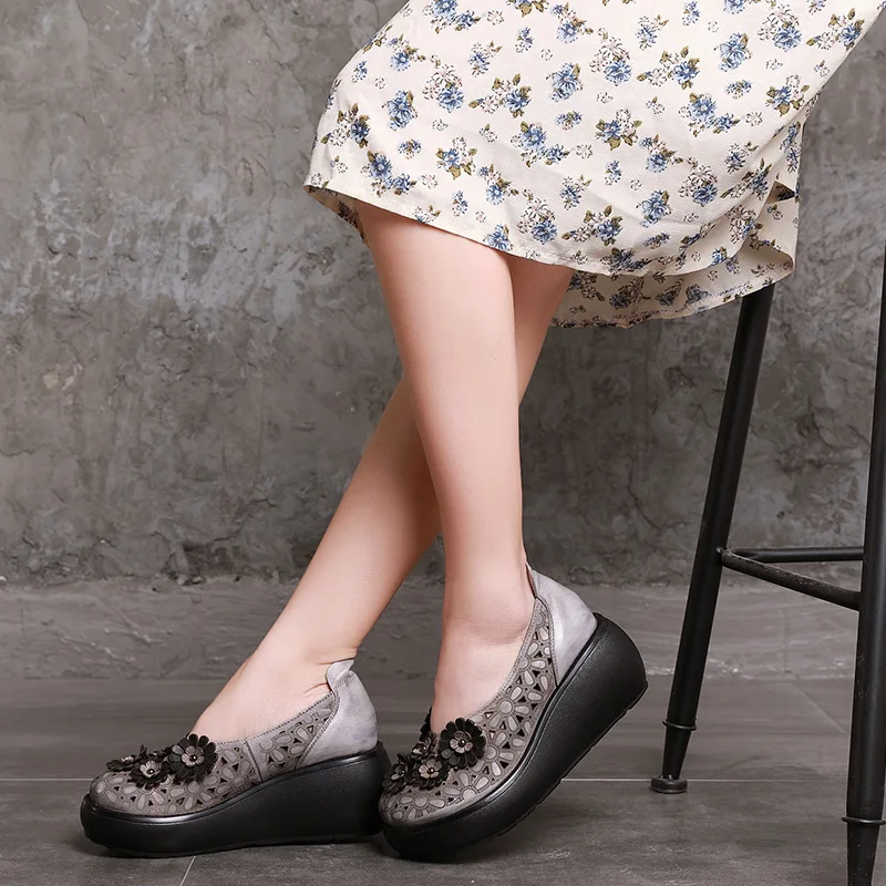 

Tyawkiho Genuine Leather Women Pumps Gray 7 CM High Heels Wedge Shoes Hollow Out Set Foot Retro Summer Shoes Leather Handmade