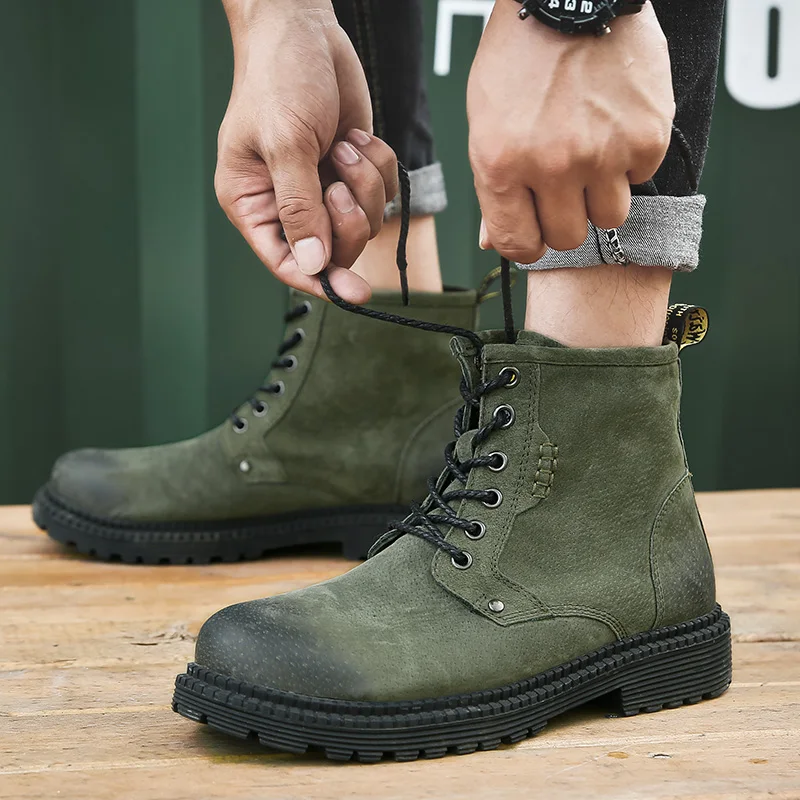 

Vintage Fashion Men's Chelsea Boots Autumn Winter Cowhide Leisure Shoes Round Toe Split Leather Ankle Boot Lace-up Work Shoes