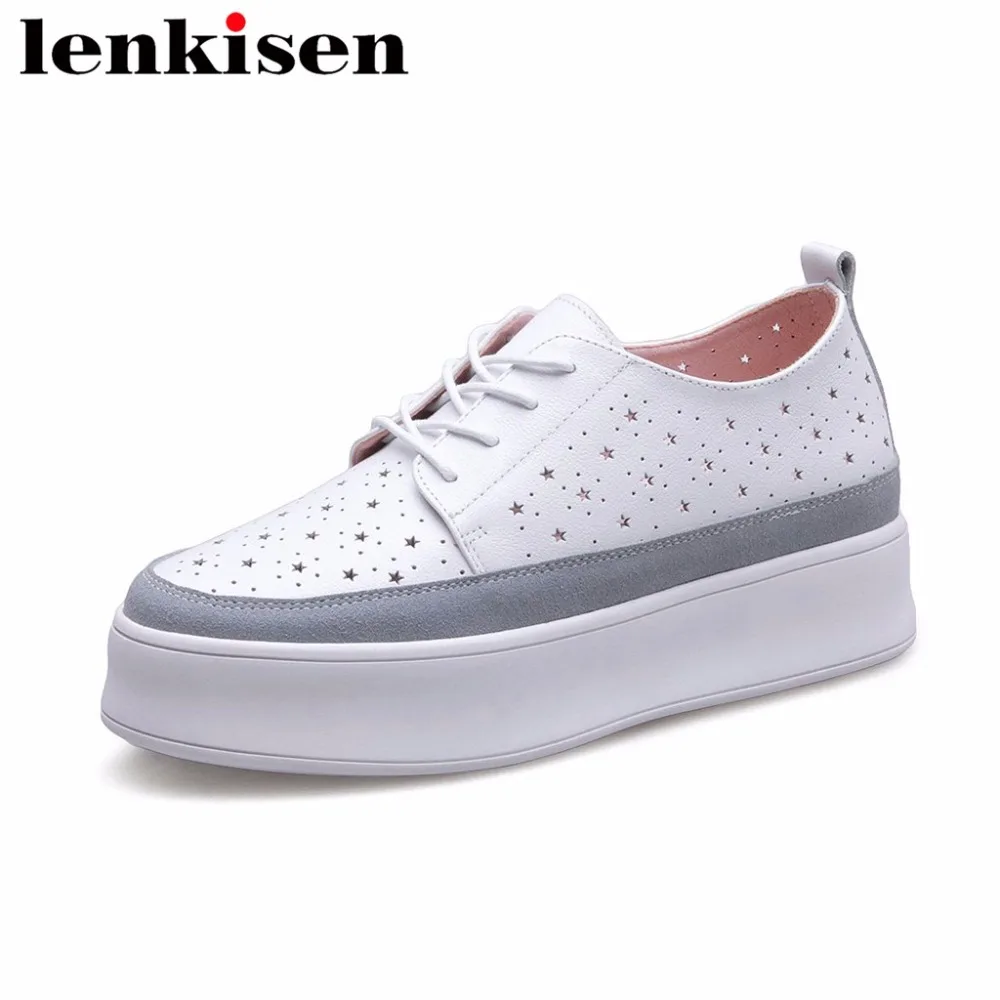 

Lenkisen mixed colors genuine leather thick med bottom lace up round toe well-ventilated basic women vulcanized casual shoes L59