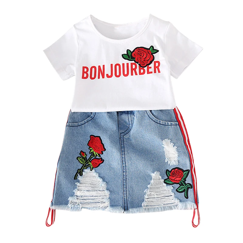 

2018 Summer Sets Embroidery Baby Girl Clothes Tshirt+Denim Skirts Kids Clothes Sports Suit For Girls Children Clothing 6 7 Years
