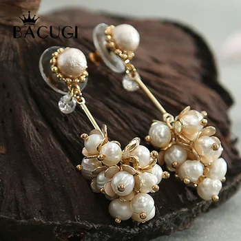 

100% Natural Fresh Water Pearl Leaves Long Drop Earrings For Women Handmade Fine Jewelry