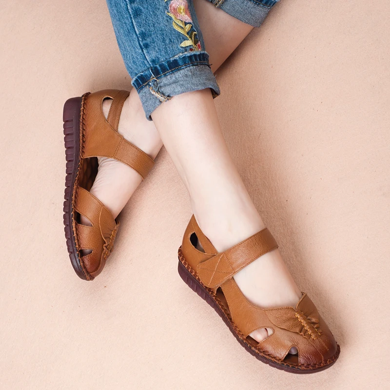 GKTINOO Women's Sandals 2019 Summer Genuine Leather Handmade Ladies Shoe Leather Sandals Women Flats Retro Style Mother Shoes