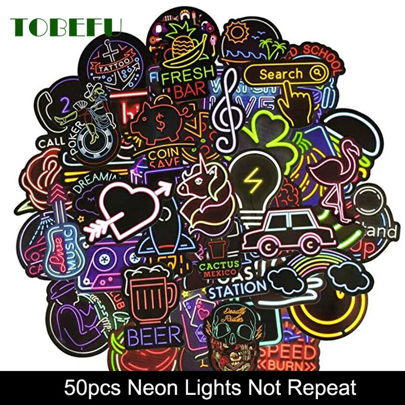 

50 PCS Neon Light Sticker Anime Icon Animal Cute Decals Stickers Gifts for Children to Laptop Suitcase Guitar Fridge Bicycle Car