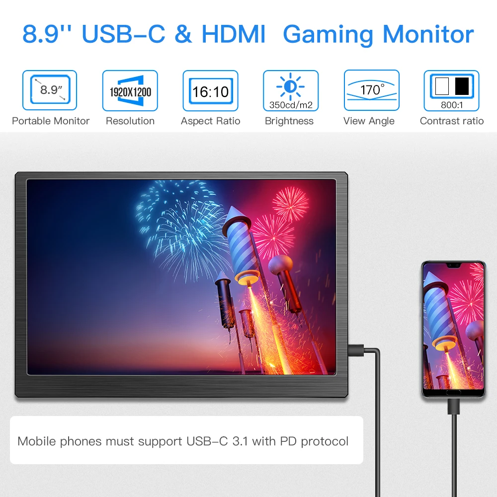 Eyoyo 8,9 дюймовый мини-монитор 1920x1200 ips дисплей USB-C& HDMI видео вход совместим с портативным монитором MAC